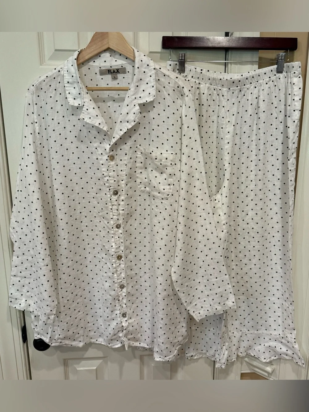 NEW Flax Linen 2 Piece Pajama Set Button Top Wide Pants Polka Dots L top M pants